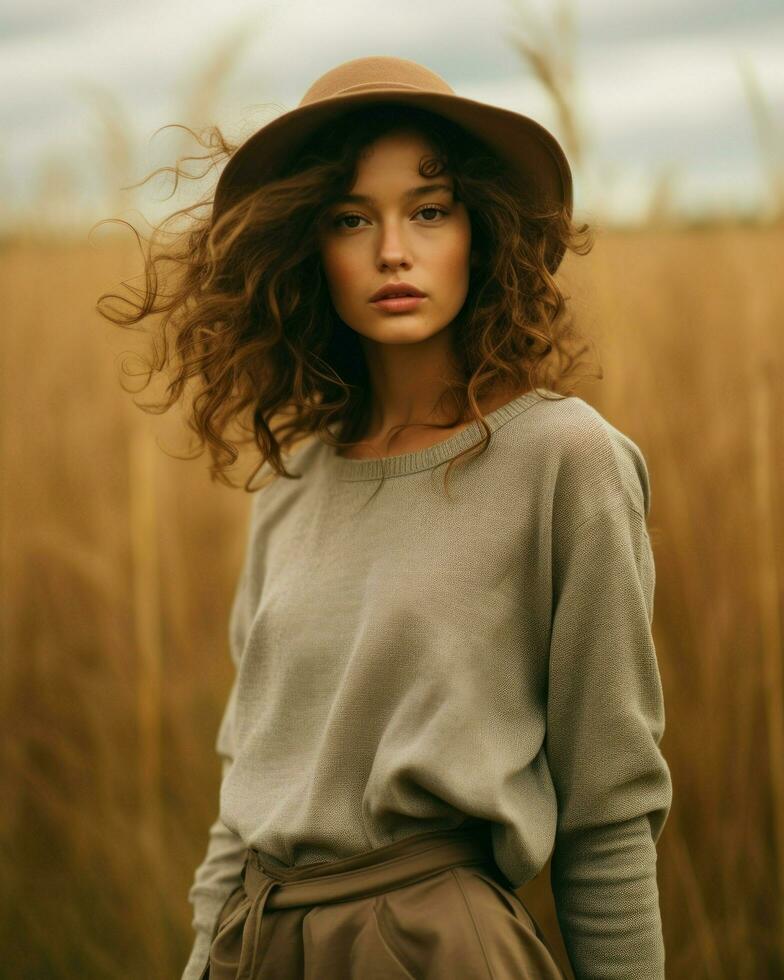 un mujer vistiendo un sombrero y suéter es capturado en un pintoresco campo.. generativo ai foto