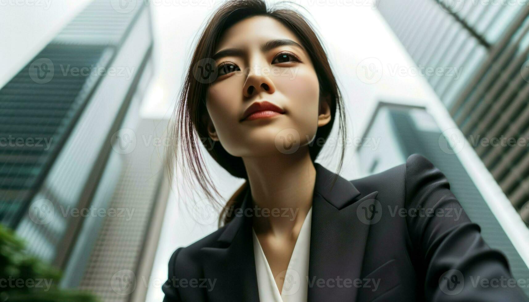 Photo of a female business executive of Asian descent, viewed from a low angle. Generative AI