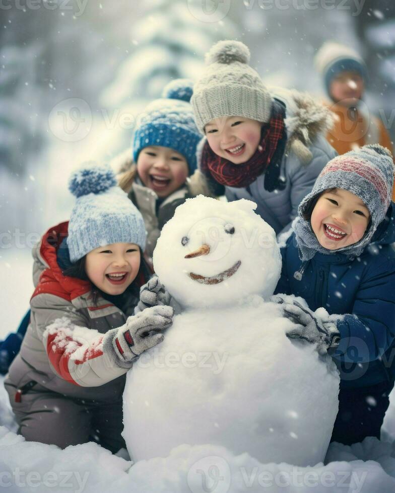 A group of asian children making a snowman. Generative AI photo