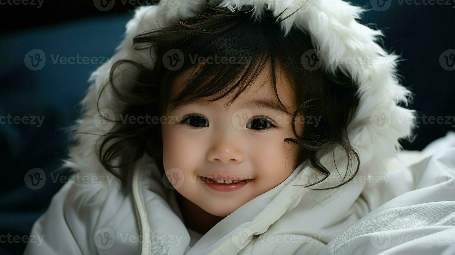 Asian baby boy with a cheeky smile, wrapped in a white blanket.. Generative AI photo