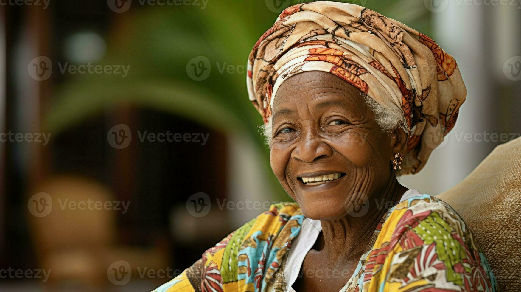 Portrait of a joyful African elderly lady.. Generative AI photo