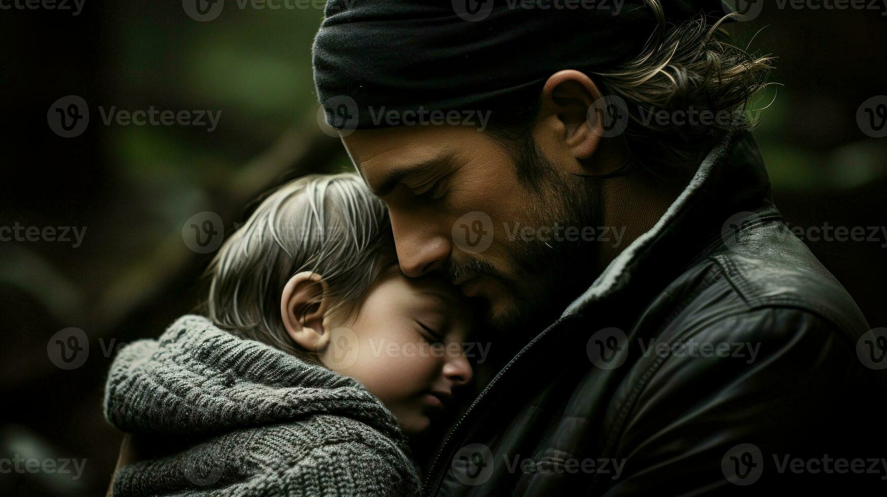 un padre compartiendo un íntimo momento con su niño, su frentes conmovedor.. generativo ai foto