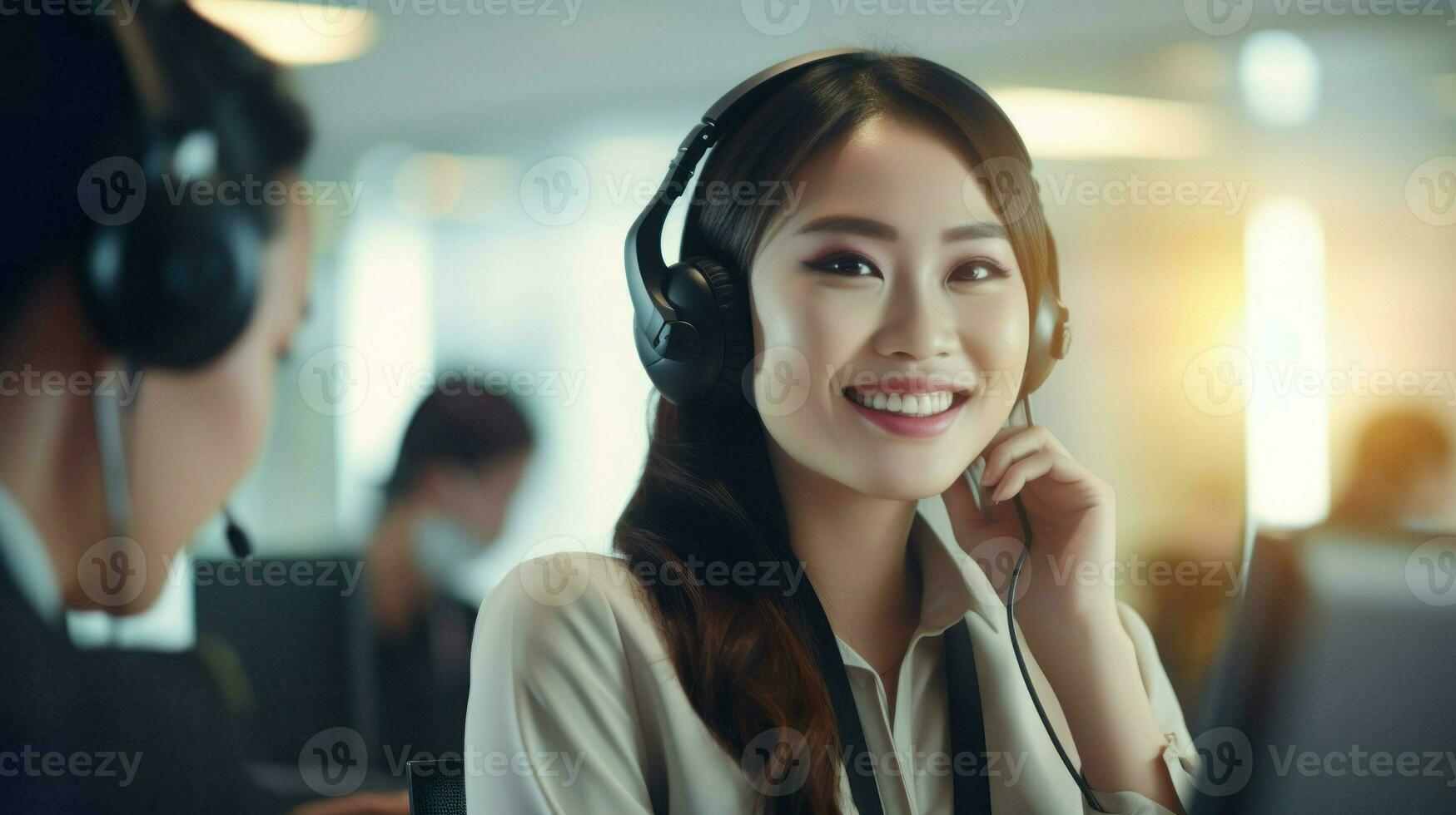 Asian young friendly call center worker wearing a headset and microphone. Generative AI photo