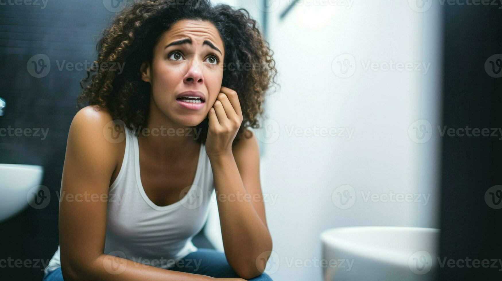 Young woman suffering in the toilet. Generative AI photo