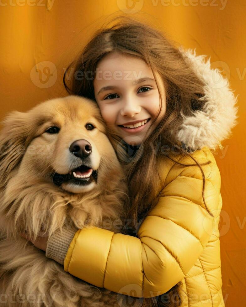 Smiling little girl hugging her dog in front of orange background. Generative AI photo