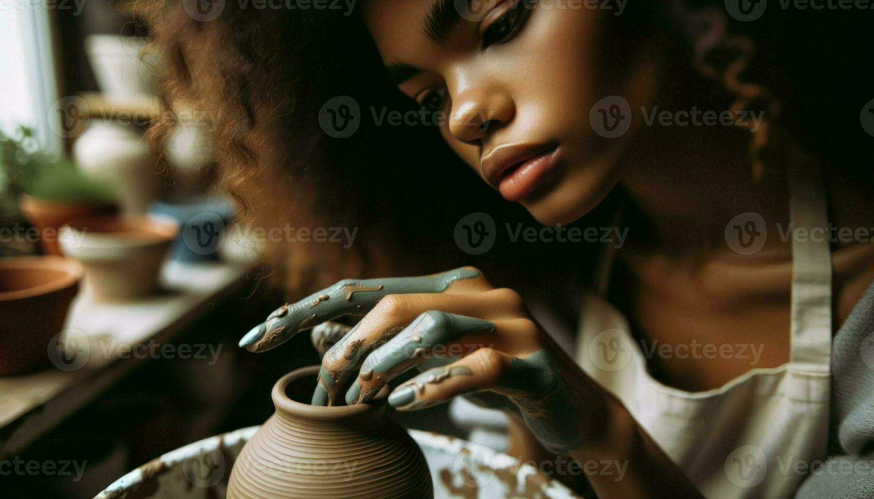 Close-up of a young woman with caramel skin and curly hair, intently painting a ceramic vase during a pottery class.. Generative AI photo