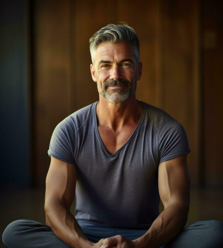 un de edad mediana hombre en deportivo ropa. generativo ai foto