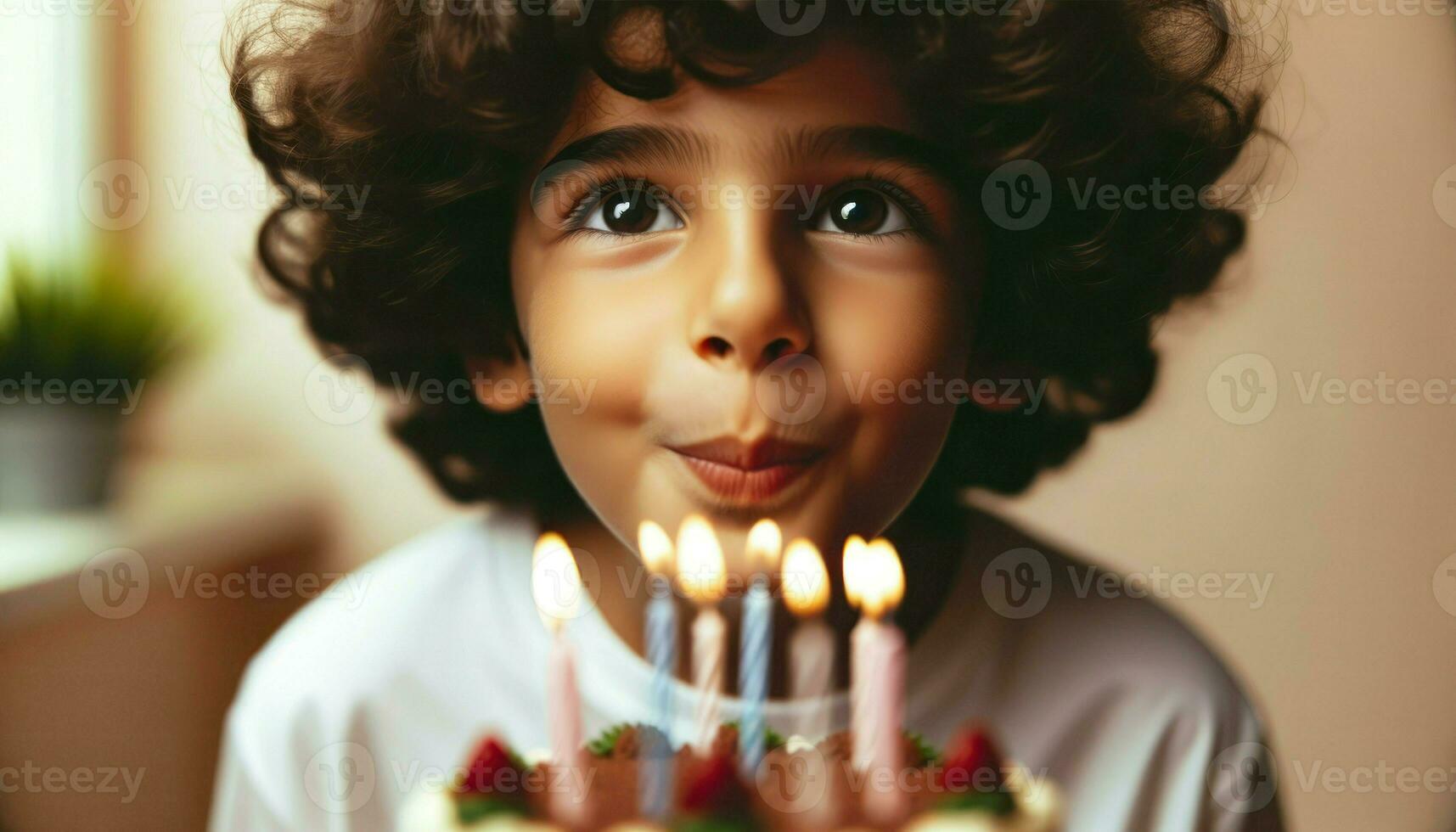 Young boy celebrating birthday by blowing out candles on cake.. Generative AI photo