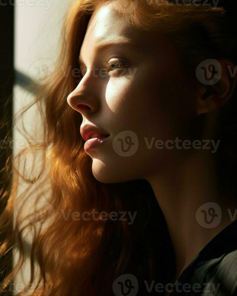 Beautiful lady with vibrant red hair and captivating blue eyes.. Generative AI photo