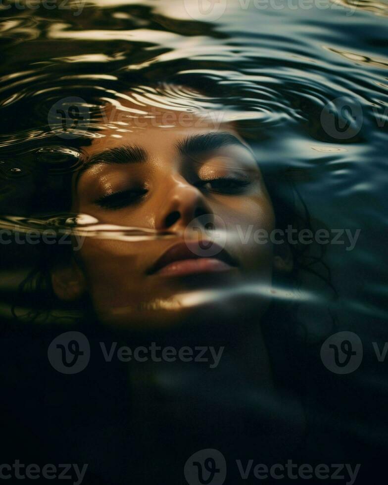 Minimalistic photography captures the peacefulness of a woman submerged in water with her eyes closed.. Generative AI photo