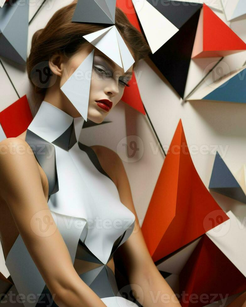 An elegant lady showcasing a stunning dress, complemented by a fashionable hat and a mesmerizing geometric design.. Generative AI photo