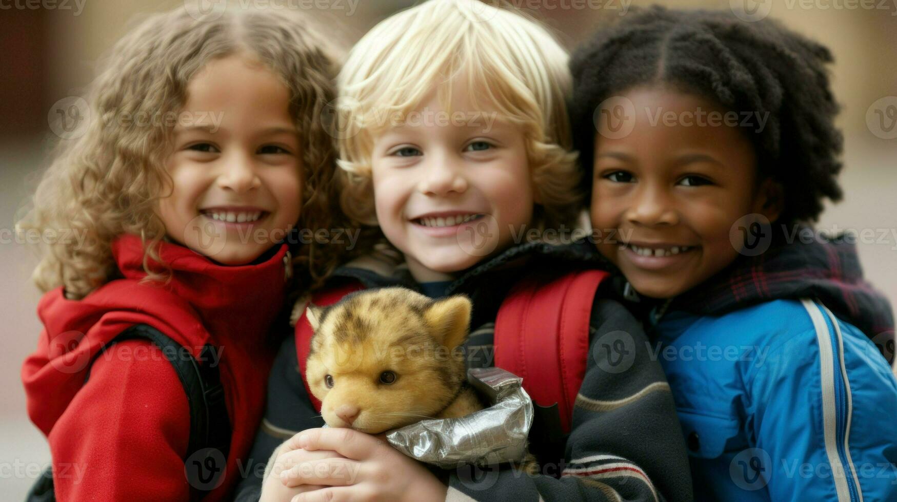 dos joven Niños y un niña sonriente, con el chico en el centrar participación un relleno animal.. generativo ai foto