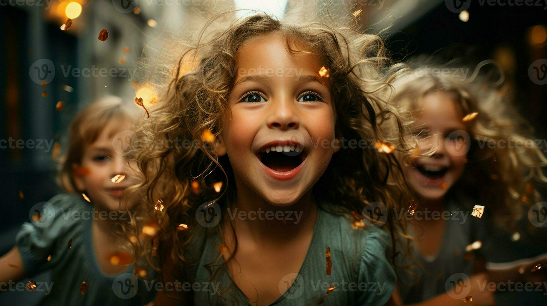 de cerca de un Encantado pequeño niña con Rizado cabello, con los ojos muy abiertos en sorpresa.. generativo ai foto