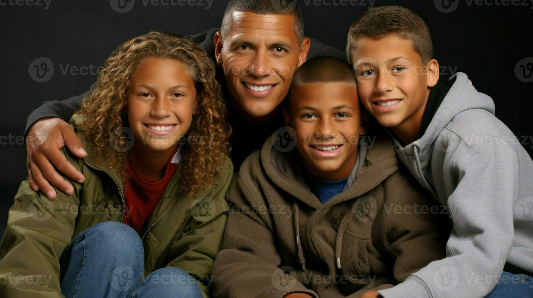 A diverse family of four representing multiple generations in a loving embrace.. Generative AI photo