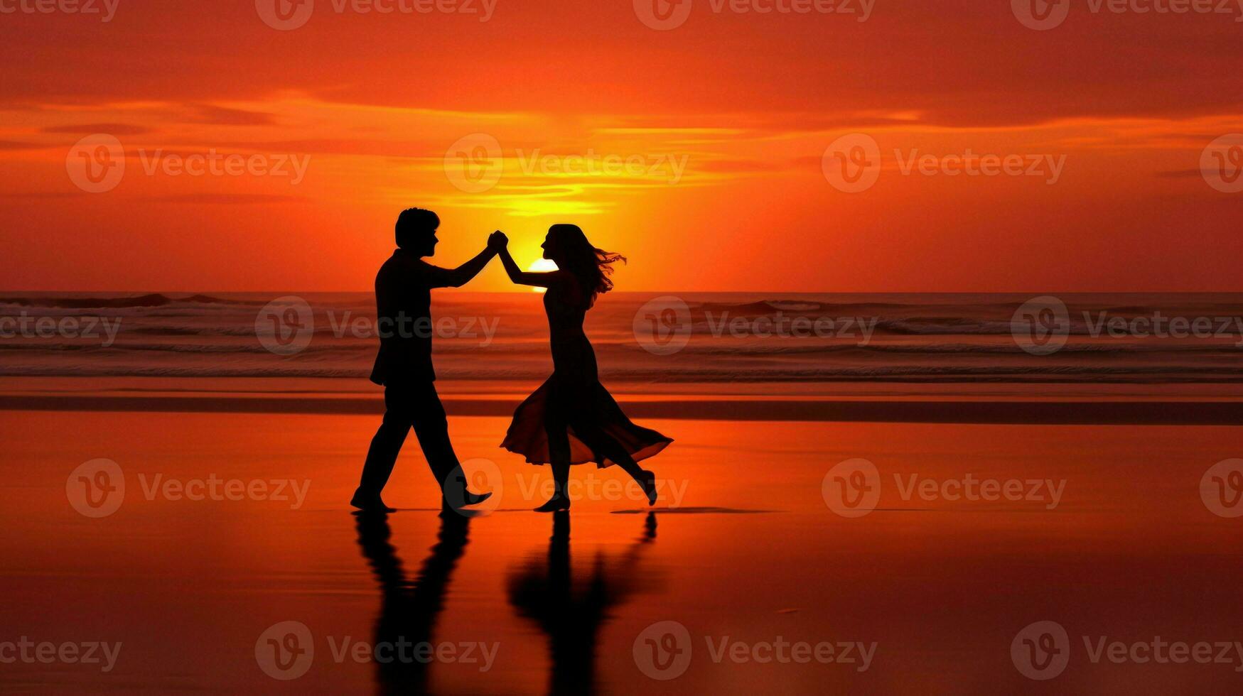A romantic silhouette of a couple against a fiery sunset.. Generative AI photo