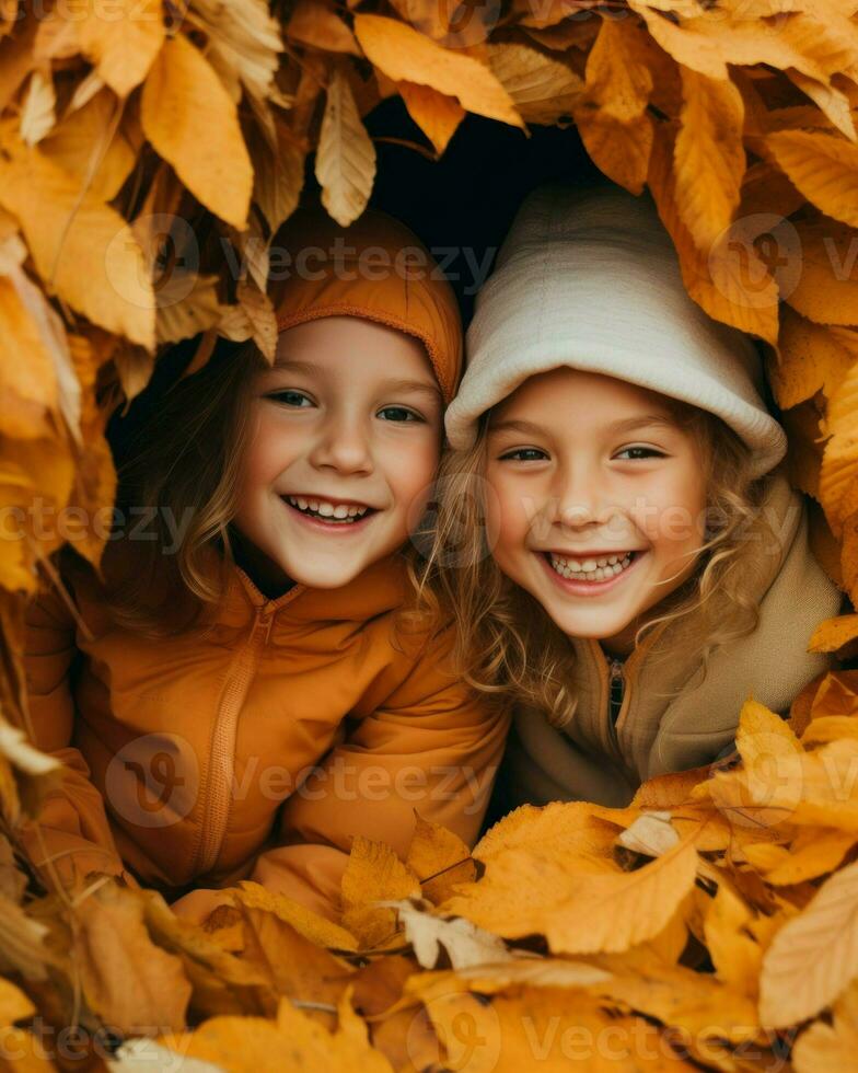 dos alegre niños, su caras radiante, rodeado por vibrante otoño hojas, creando un pintoresco momento de puro felicidad.. generativo ai foto