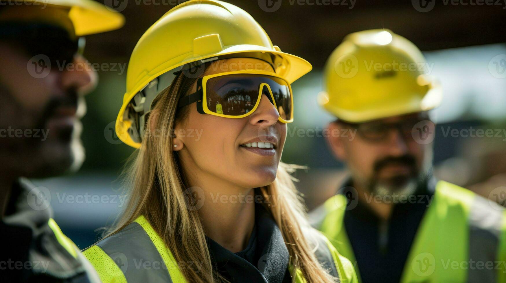 ingenieros inspeccionando un trabajo sitio en protector cascos y trajes. generativo ai foto