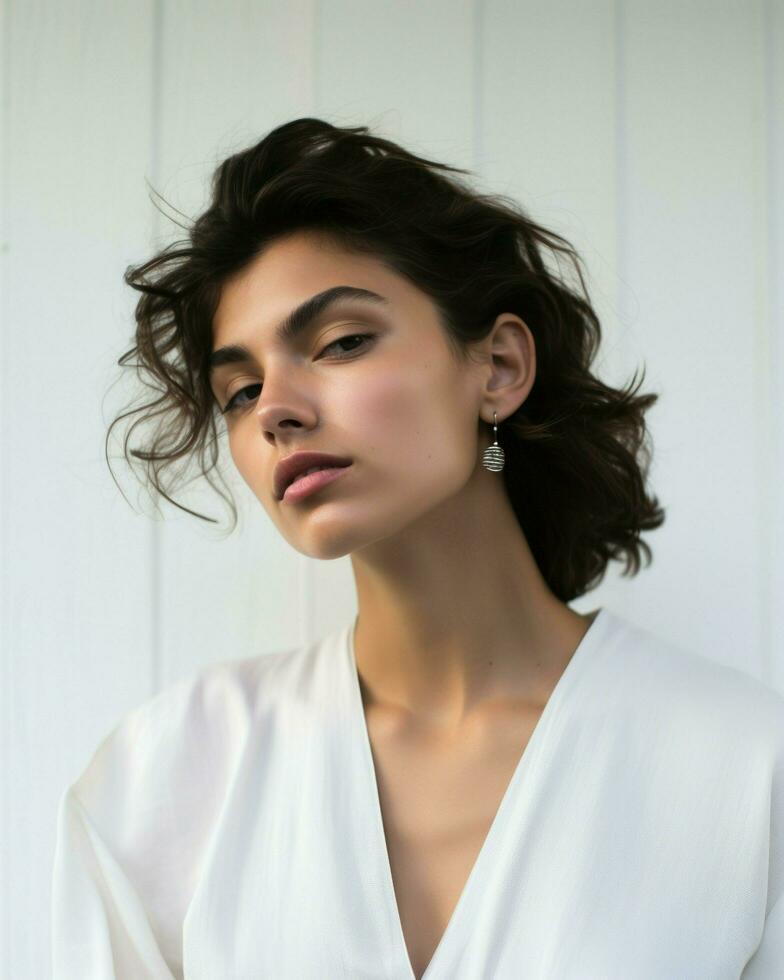 A beautiful young woman wearing a white shirt and makeup is depicted in the image. The scene is minimalist in nature.. Generative AI photo