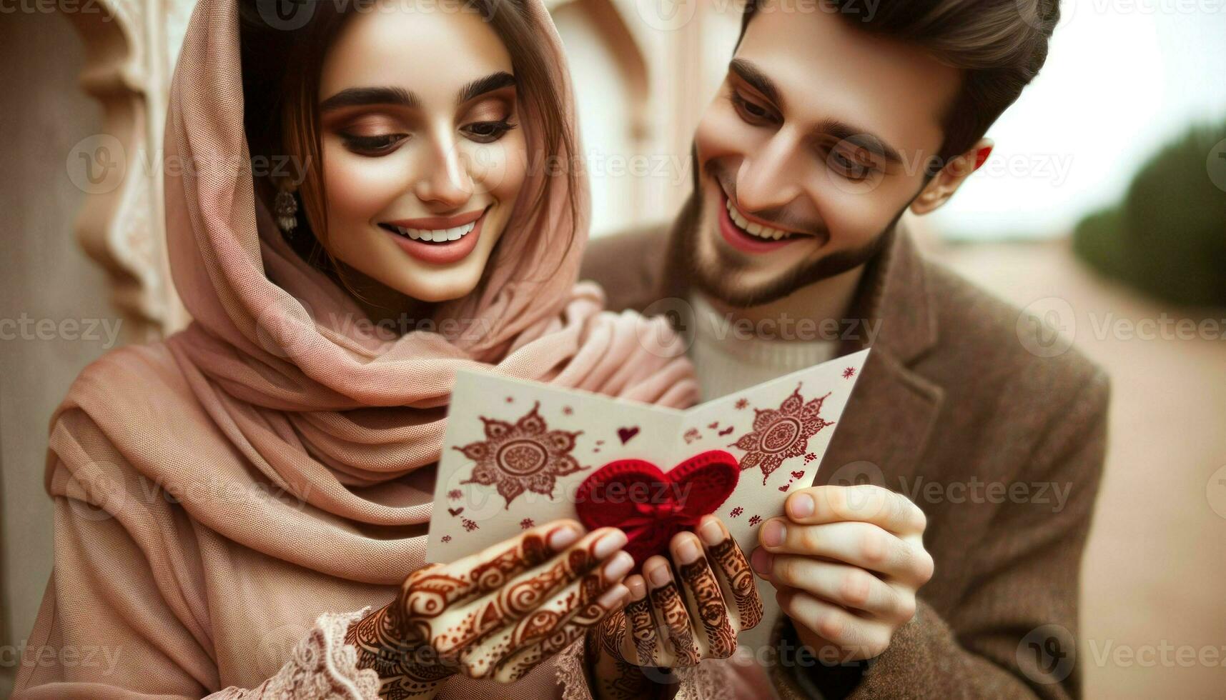A close-up shot capturing the moment a Middle Eastern woman, with ornate henna designs on her hands, presents a handmade Valentine's Day card. Generative AI photo
