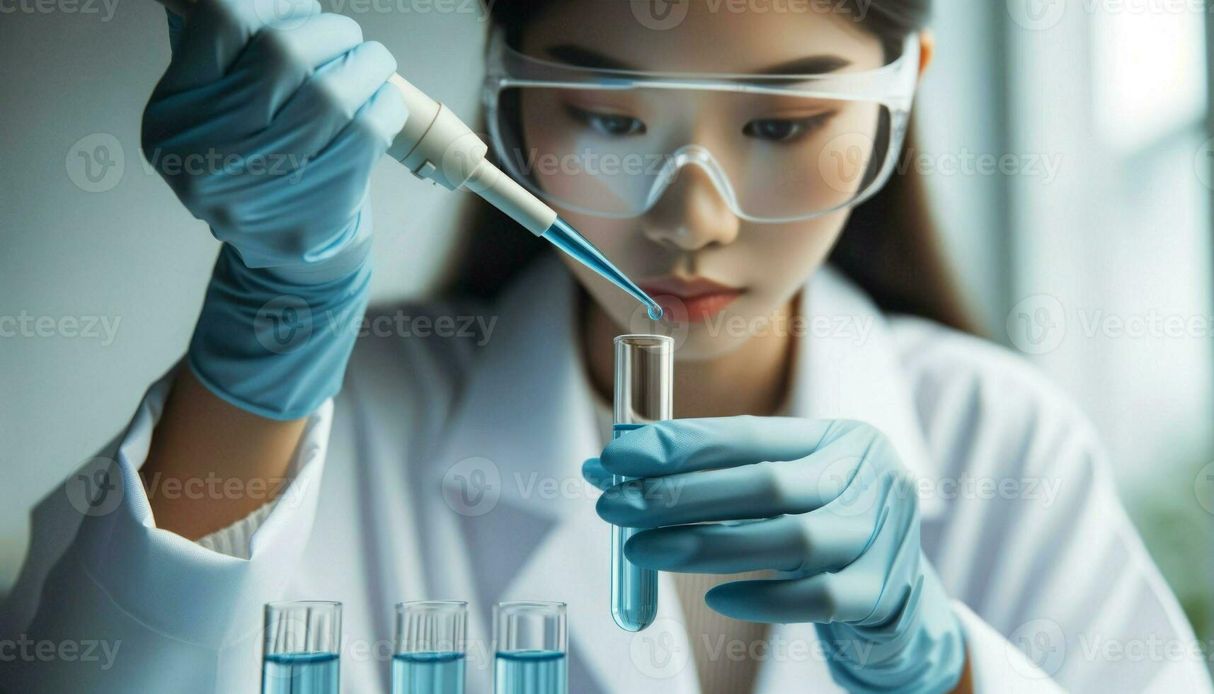 A close-up of a female scientist of Asian descent, meticulously dropping a blue liquid into a test tube using a pipette.. Generative AI photo