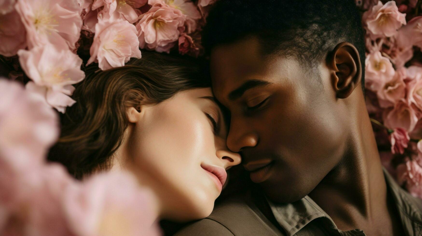 A couple getting closer among flying rose petals on Valentine's Day. Generative AI photo