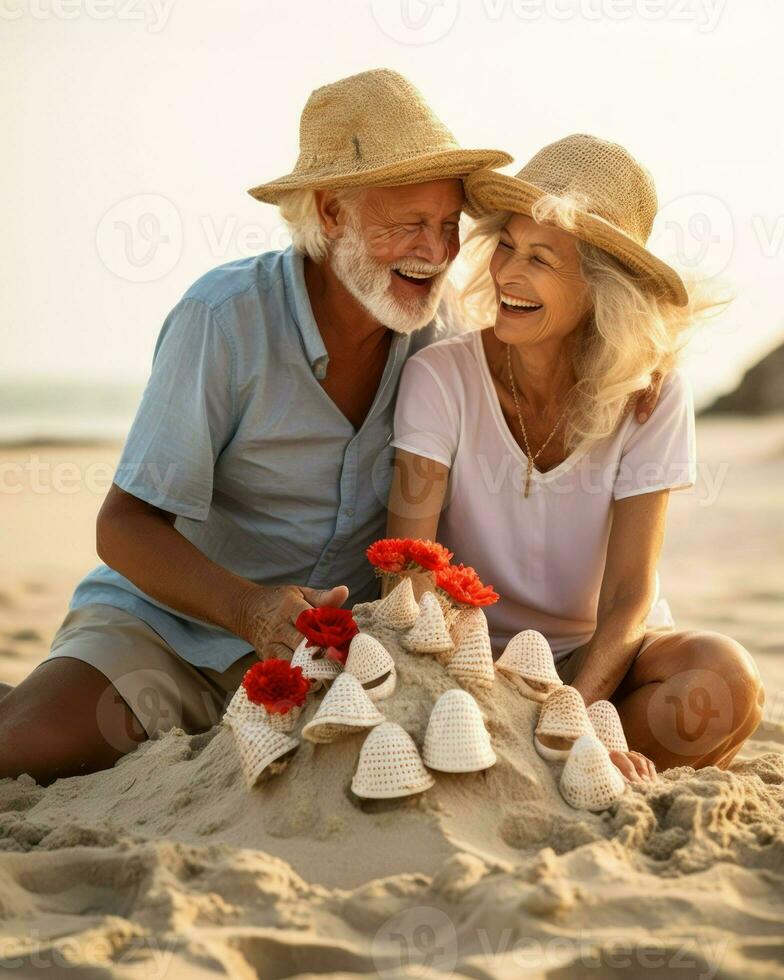 An elderly couple is building a sand castle on the beach. Generative AI photo