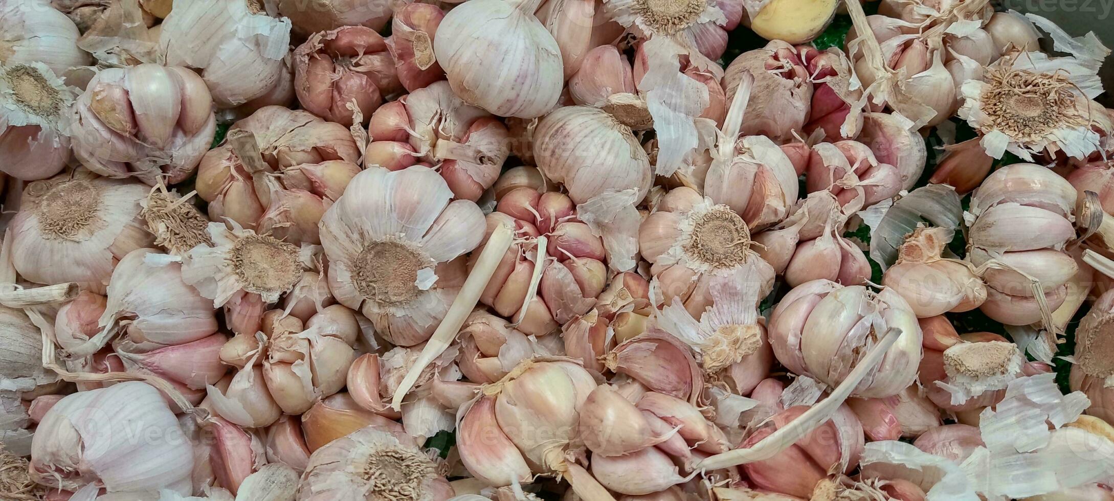 White garlic pile texture. Fresh garlic on market table closeup photo. Vitamin healthy food spice image. Spicy cooking ingredient picture. Pile of white garlic heads. White garlic head heap top view. photo