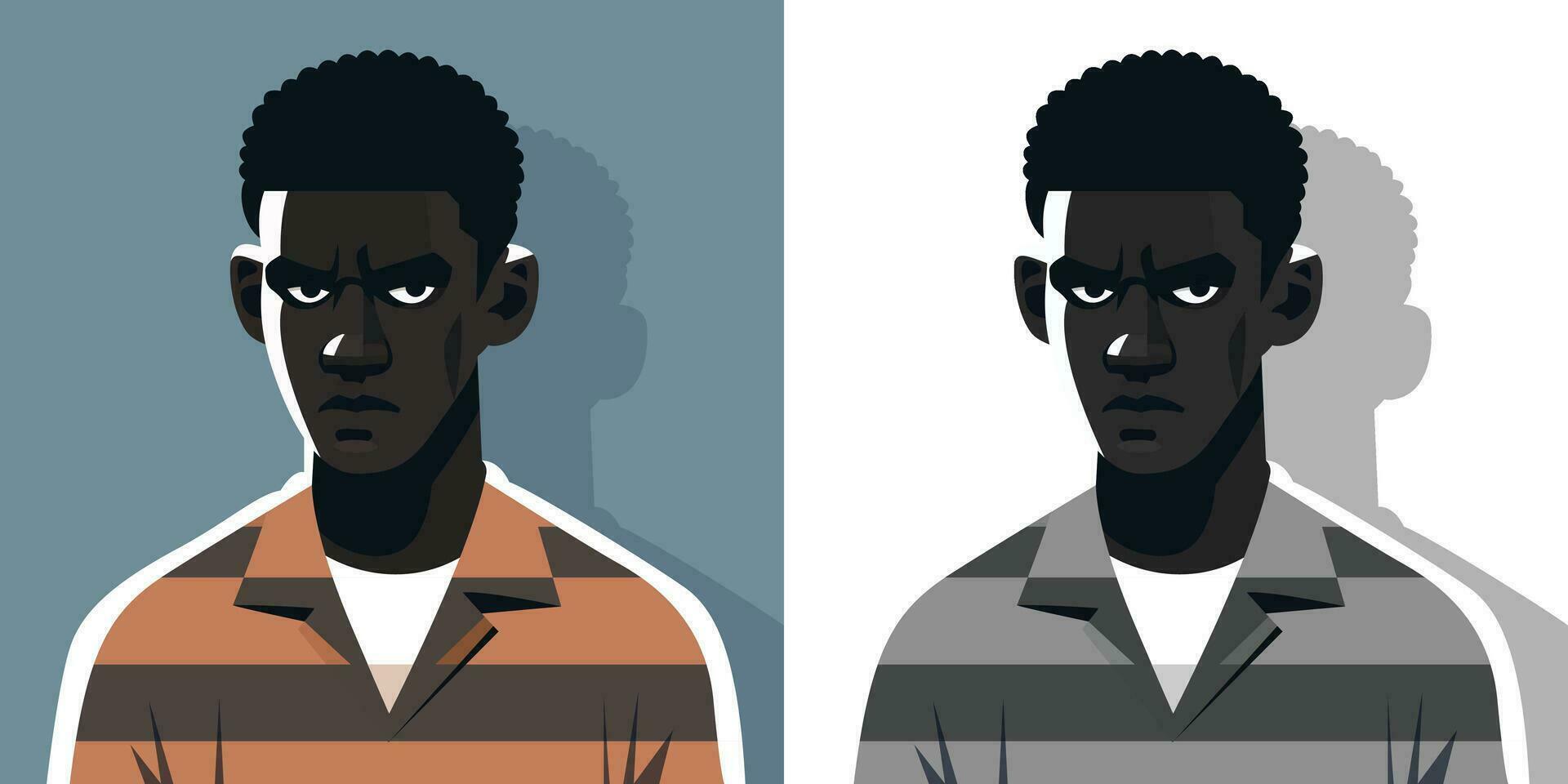 Dark skinned prisoner wearing a striped T shirt vector illustration, Angry black person with curly hair stock vector image
