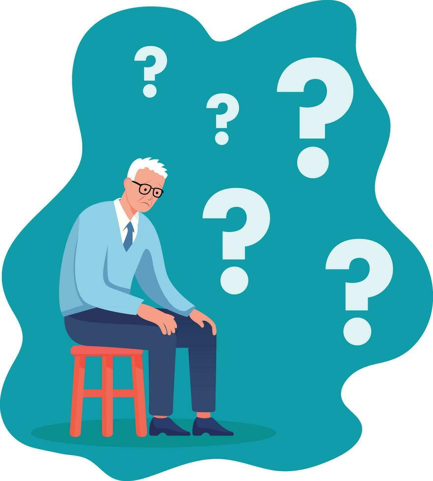 Amnesia, brain dementia patient sitting in a room with question marks vector illustration, depressed or dementia old patients sitting on a bench stock vector image