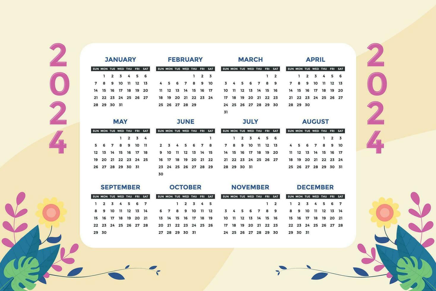 2024 calendar simple minimal design, week starts on sunday vector