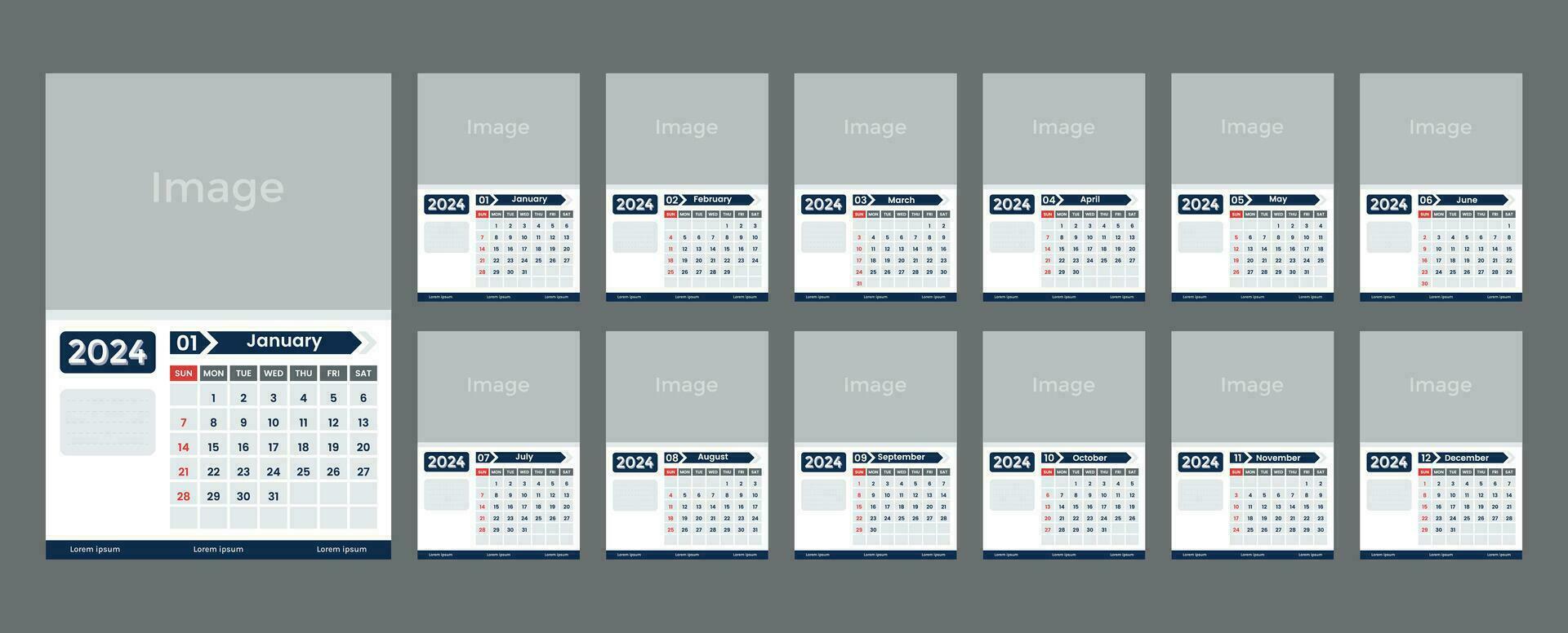 2024 wall calendar design in blue and white color, week starts on sunday vector