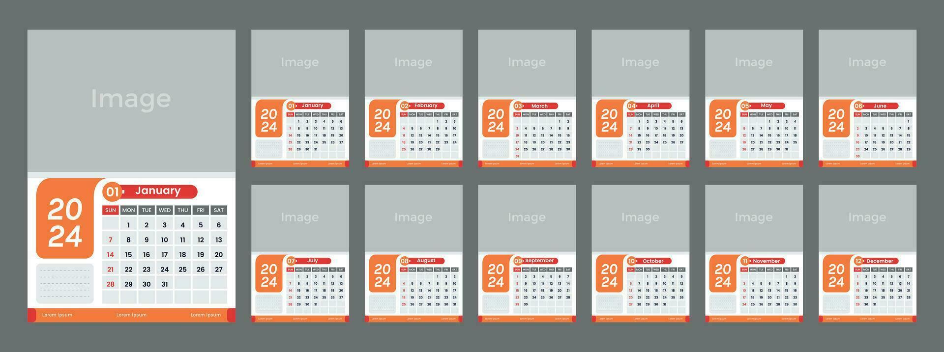 Wall Calendar 2024 design in orange and red color, week starts on sunday vector