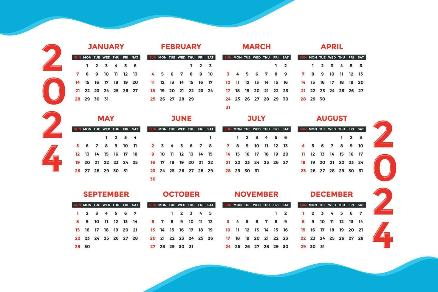 2024 calendar template vector, simple minimal design, 2024 planner, 2024  wall calendar, Week starts on sunday. Advertising, printing, stationery,  organizational office 22603601 Vector Art at Vecteezy