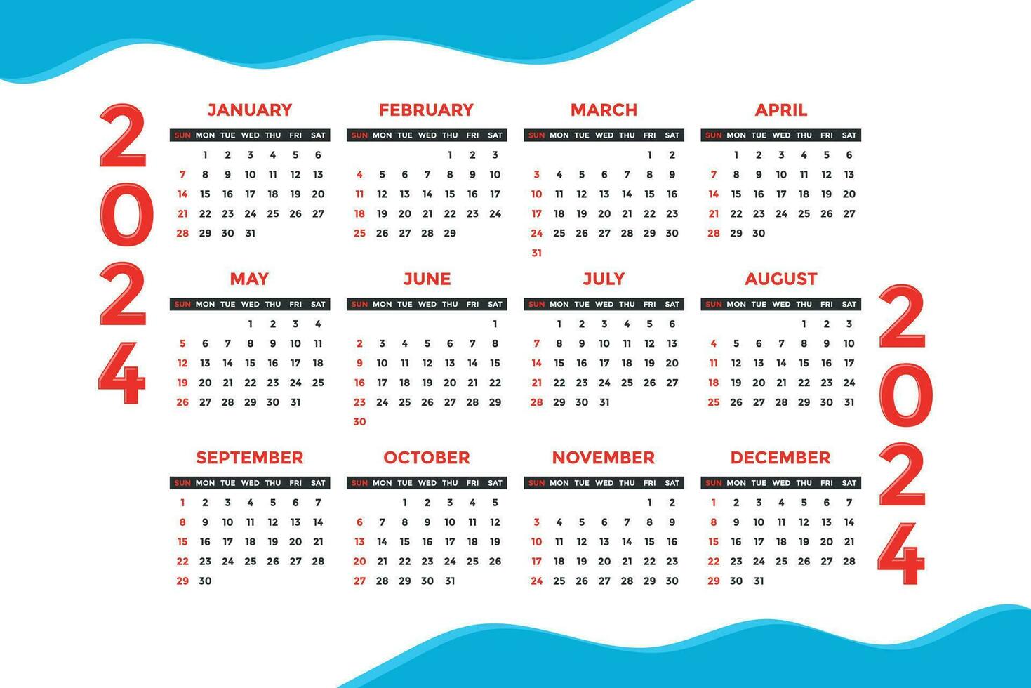 2024 calendar simple minimal design, week starts on sunday vector