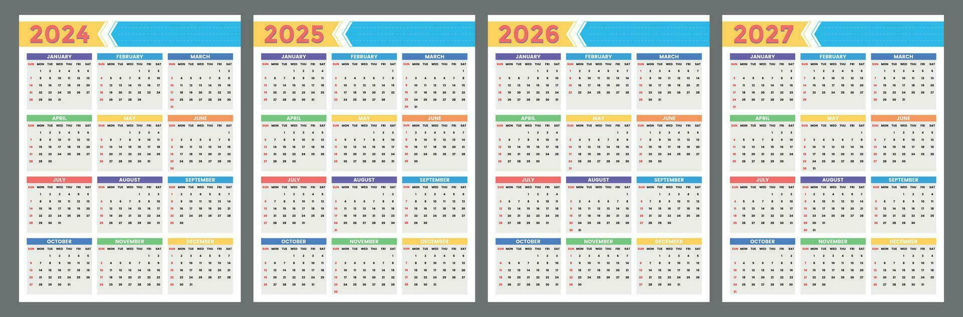 Calendar 2024 2025 2026 2027 years. week starts on sunday vector template