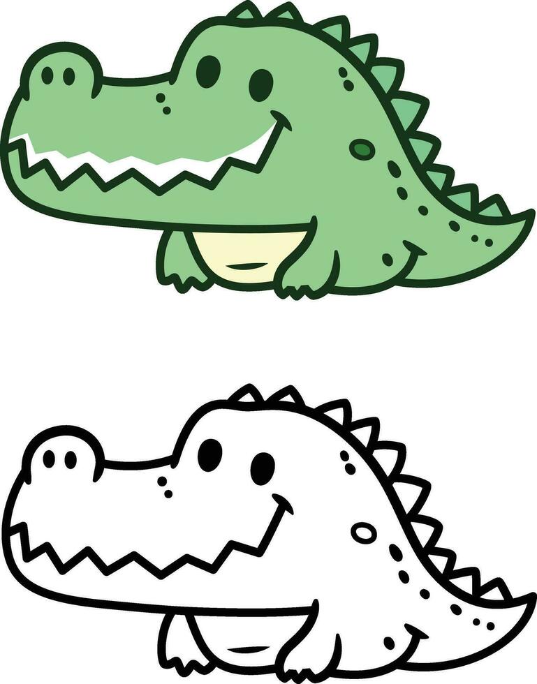 Cute Crocodile doodle style vector illustration, Crocodilus doodle cartoon style colored and black and white line art for coloring book stock vector image