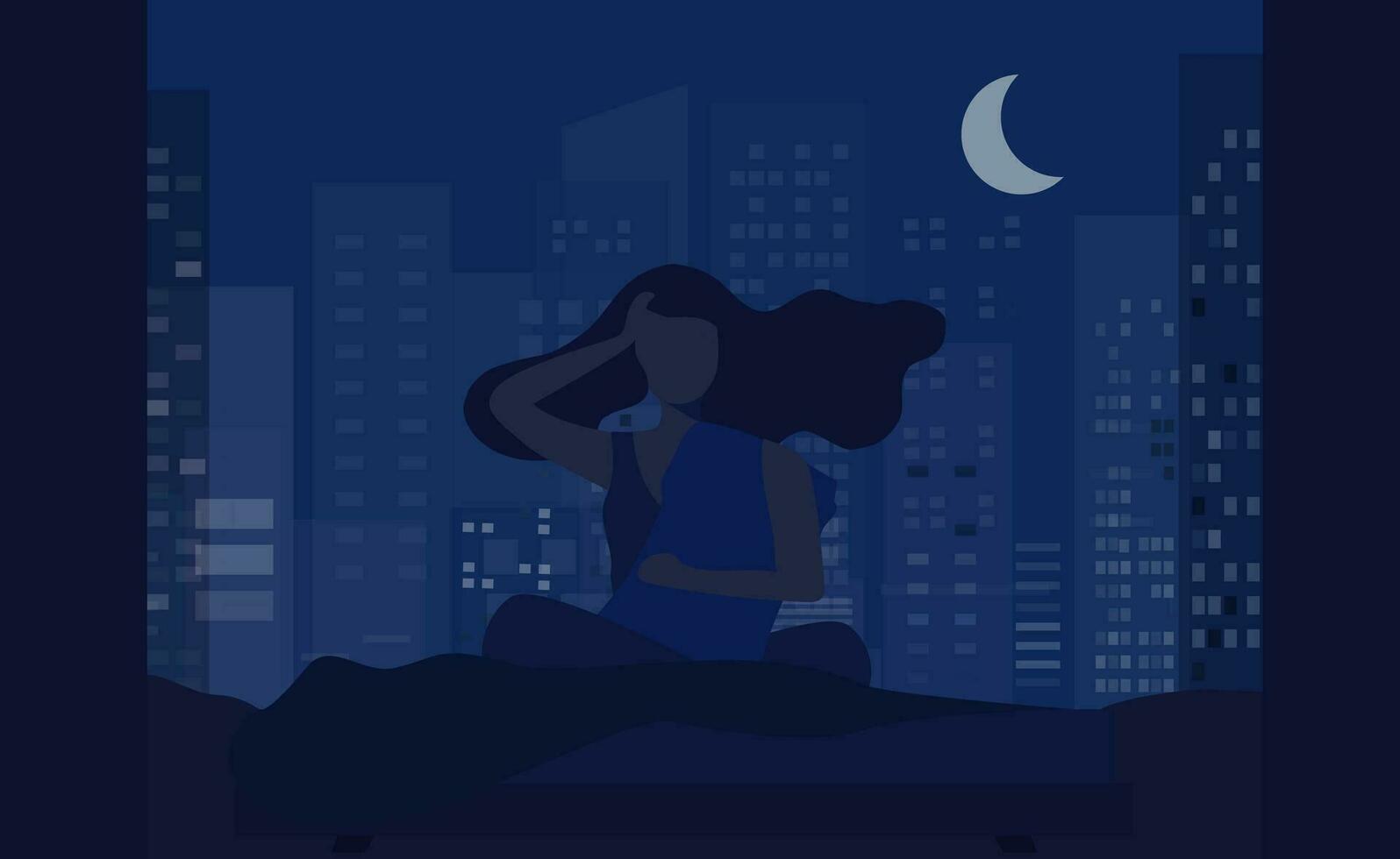 Insomnia woman sitting on bed at night vector illustration. Sleepless woman suffering from insomnia