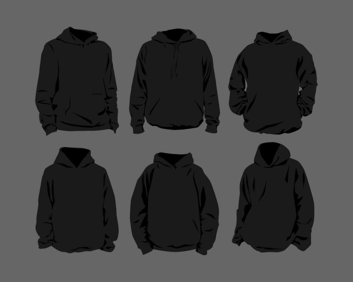 set of black hoodies. front view. flat vector illustration.