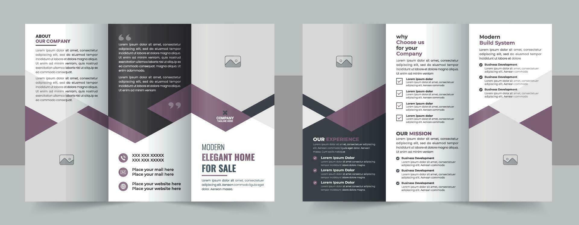 Creative tri fold brochure design for real estate business promotion with geometric shape vector