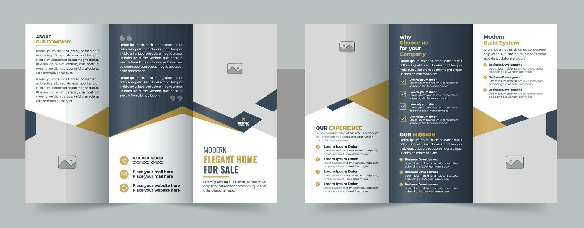 Creative tri fold brochure design for real estate business promotion with geometric shapes. Modern home selling business marketing leaflet and brochure vector