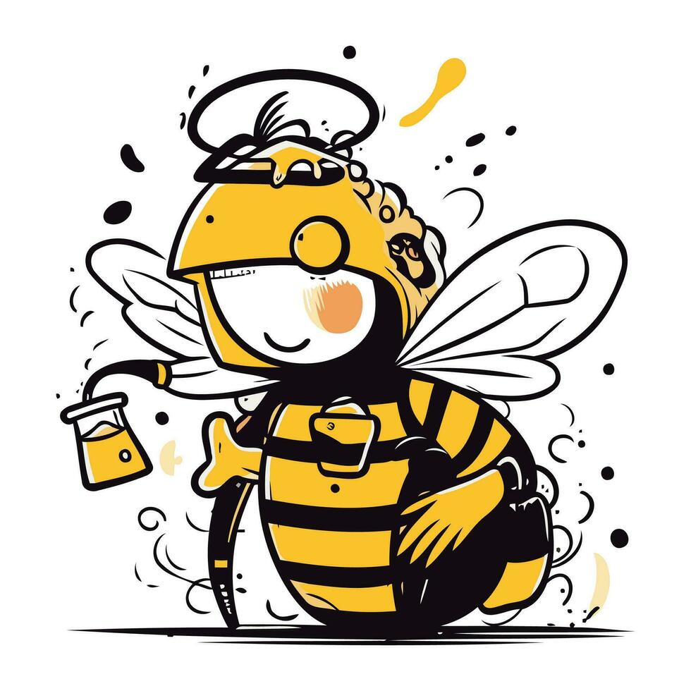 Cute cartoon bee with a glass of beer. Vector illustration.