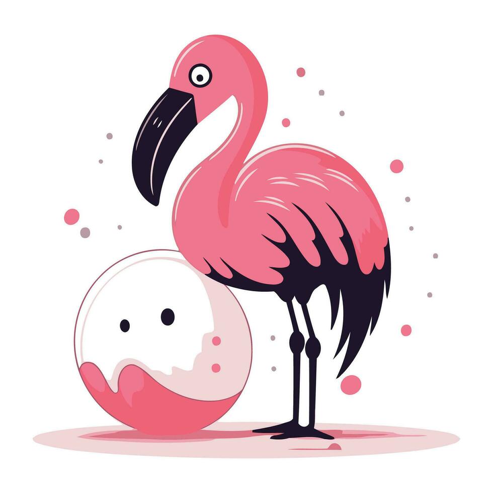 Flamingo with a ball. Vector illustration in flat style.