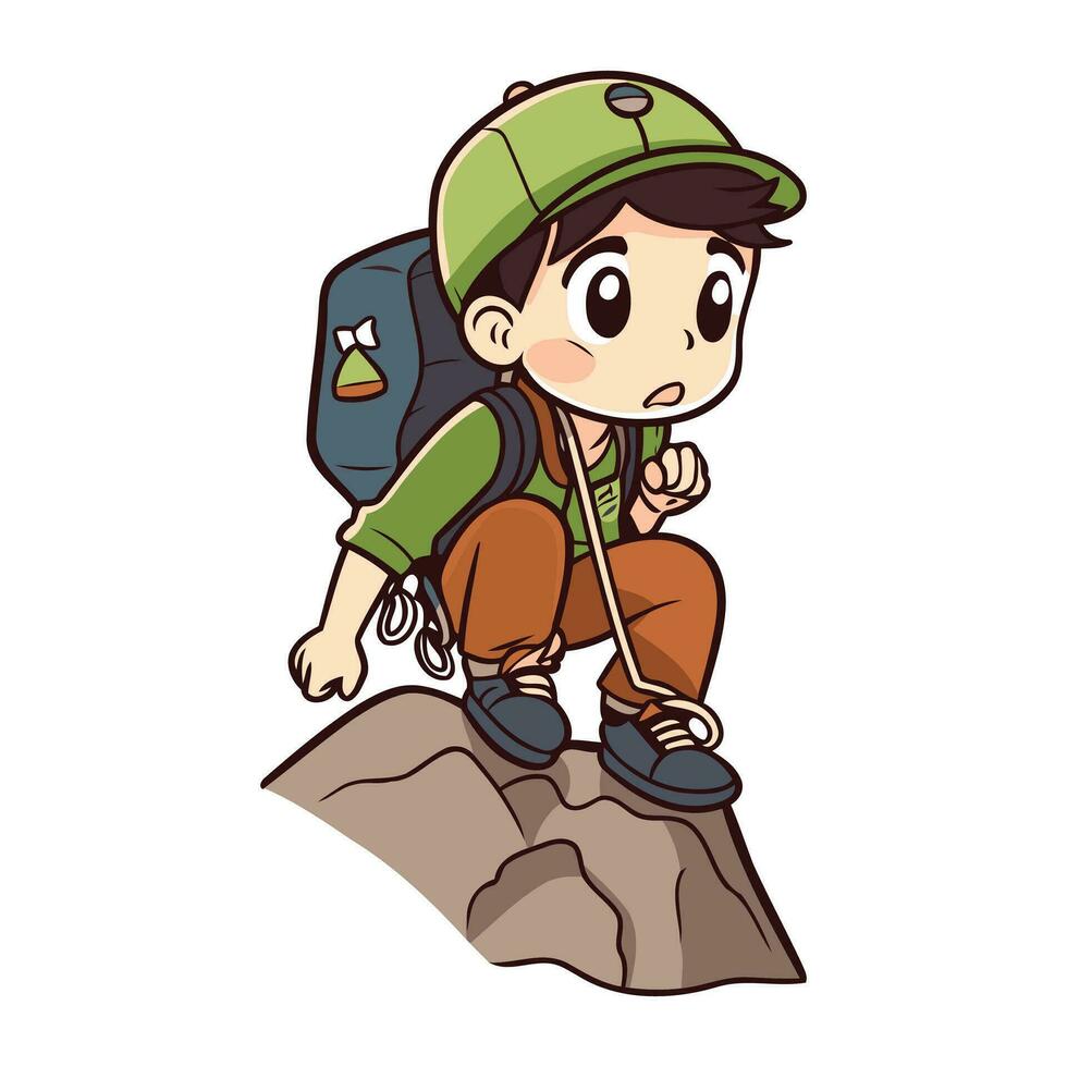 Hiking boy with backpack and trekking poles. Vector illustration.