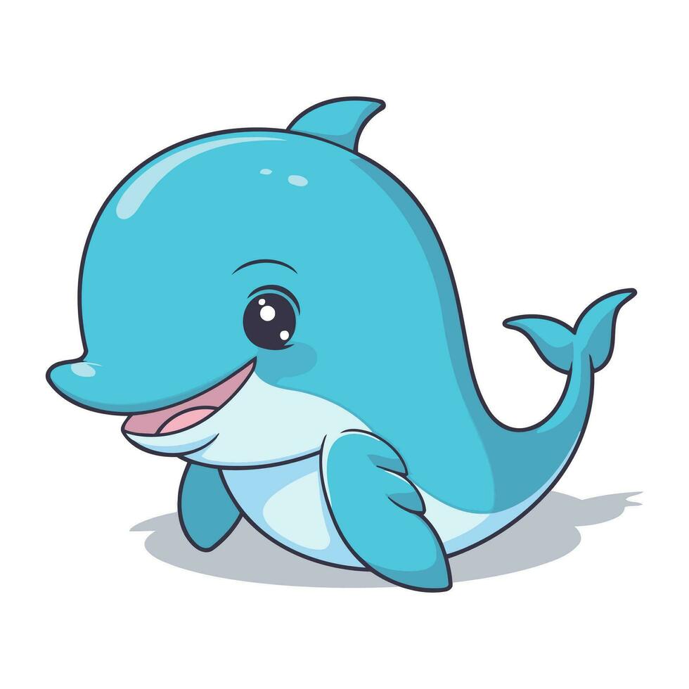 Cute blue whale character cartoon vector illustration. Funny dolphin animal.