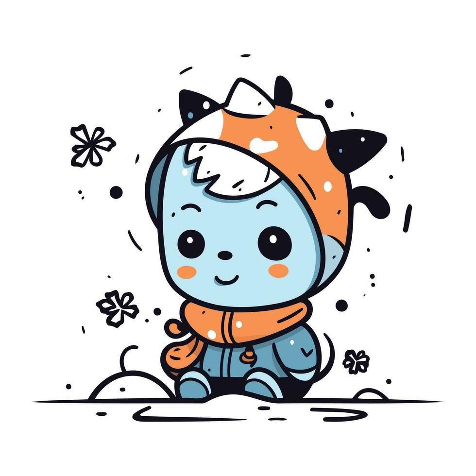 Cute little boy in a winter hat and scarf. Vector illustration.