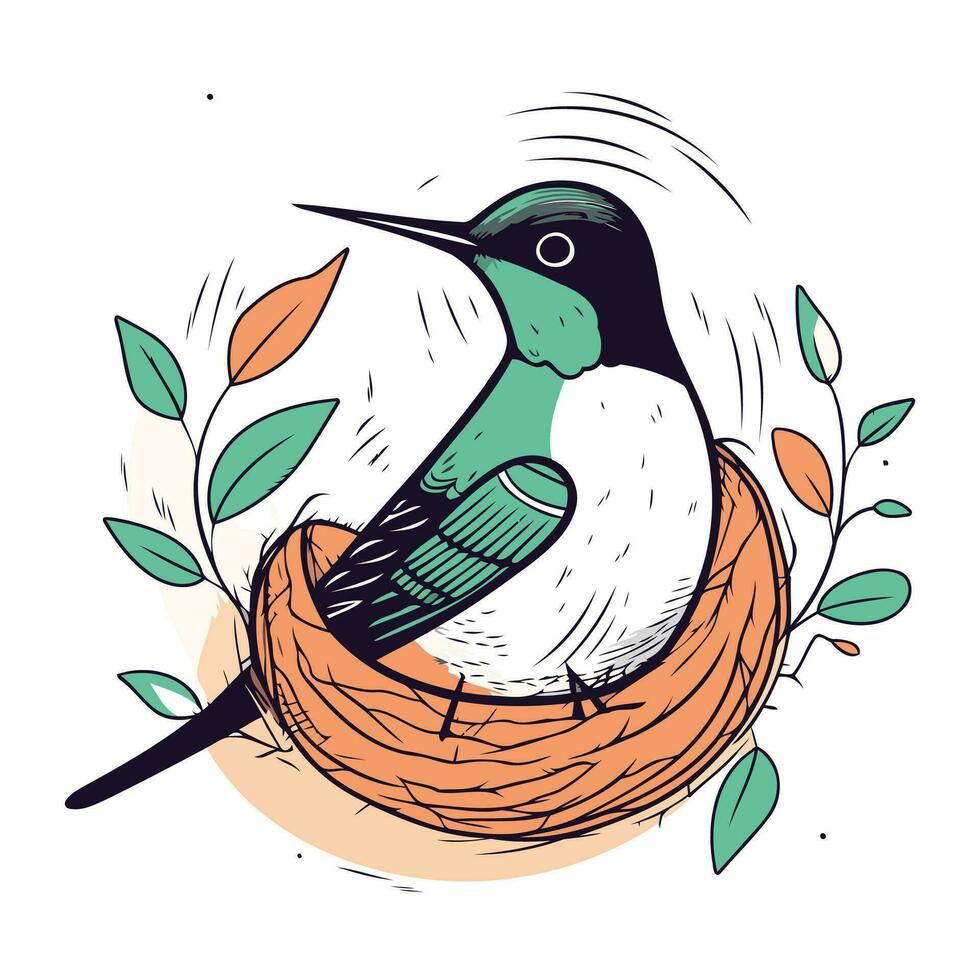 Cute hand drawn vector illustration of a bird in the nest.