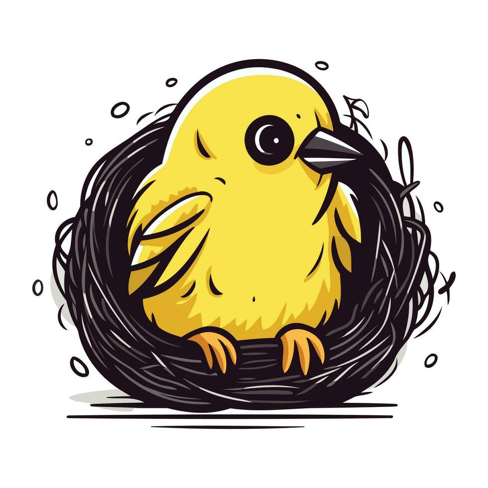 Cute yellow chick in a birds nest. Vector illustration.