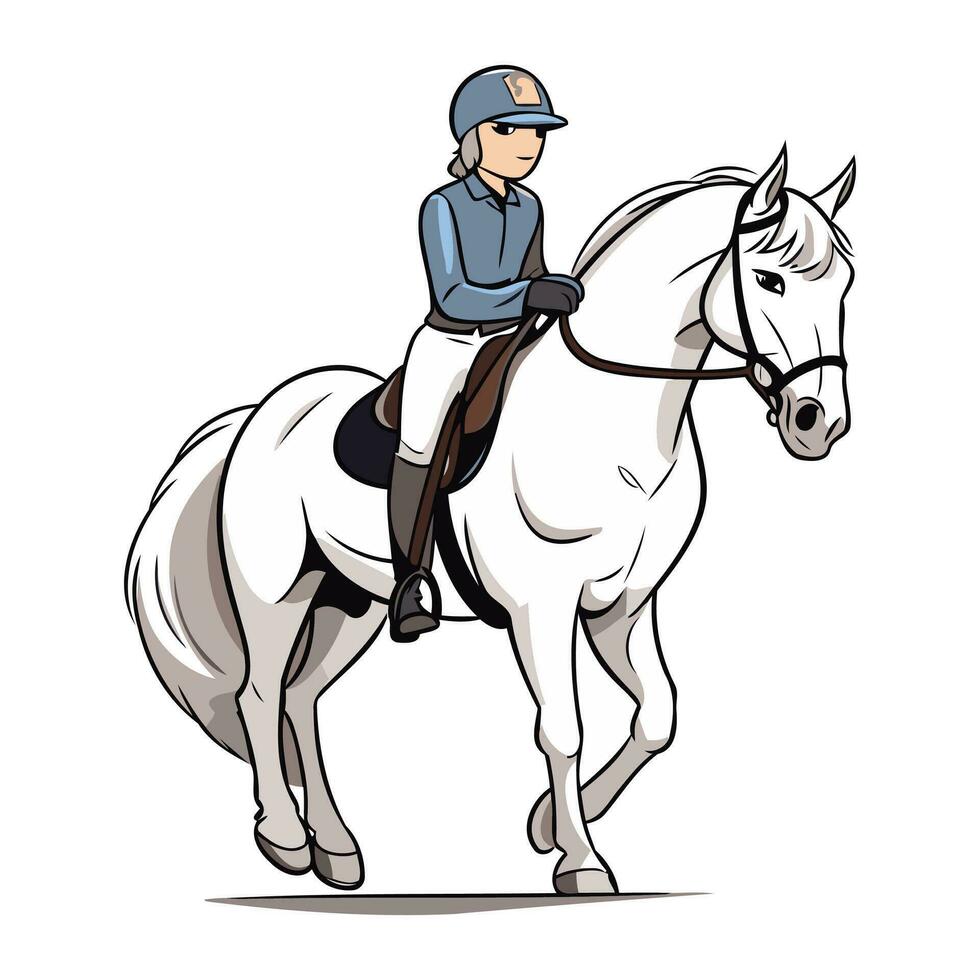 Jockey riding a white horse. Vector illustration isolated on white background.