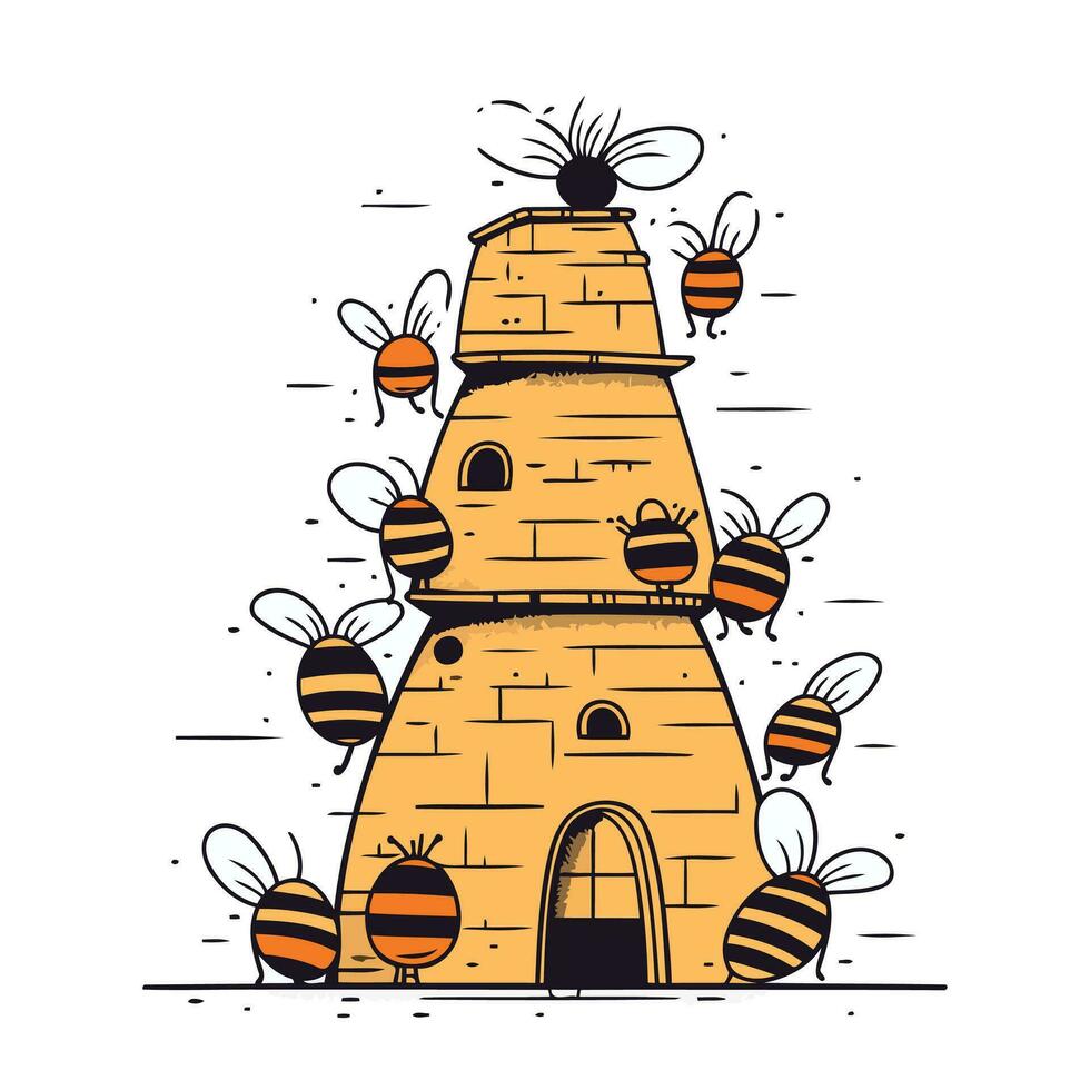 Honey bee house. Vector illustration in doodle style.