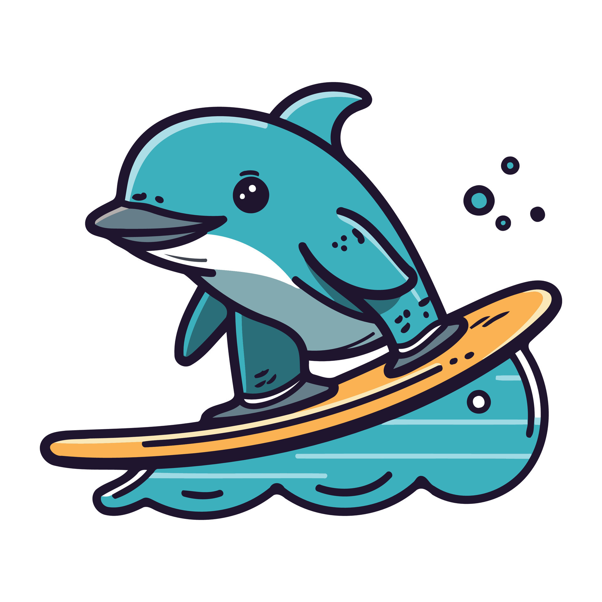 Cute dolphin surfing on surfboard. Vector illustration isolated on